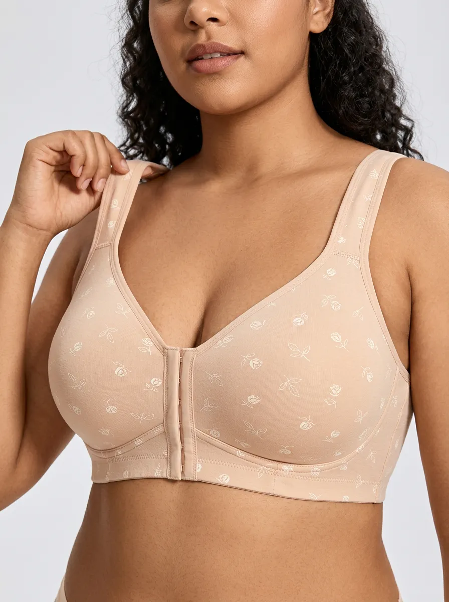 Women's Plus Size Beige Rose Floral Front-Closure Full-Coverage Wireless Bra