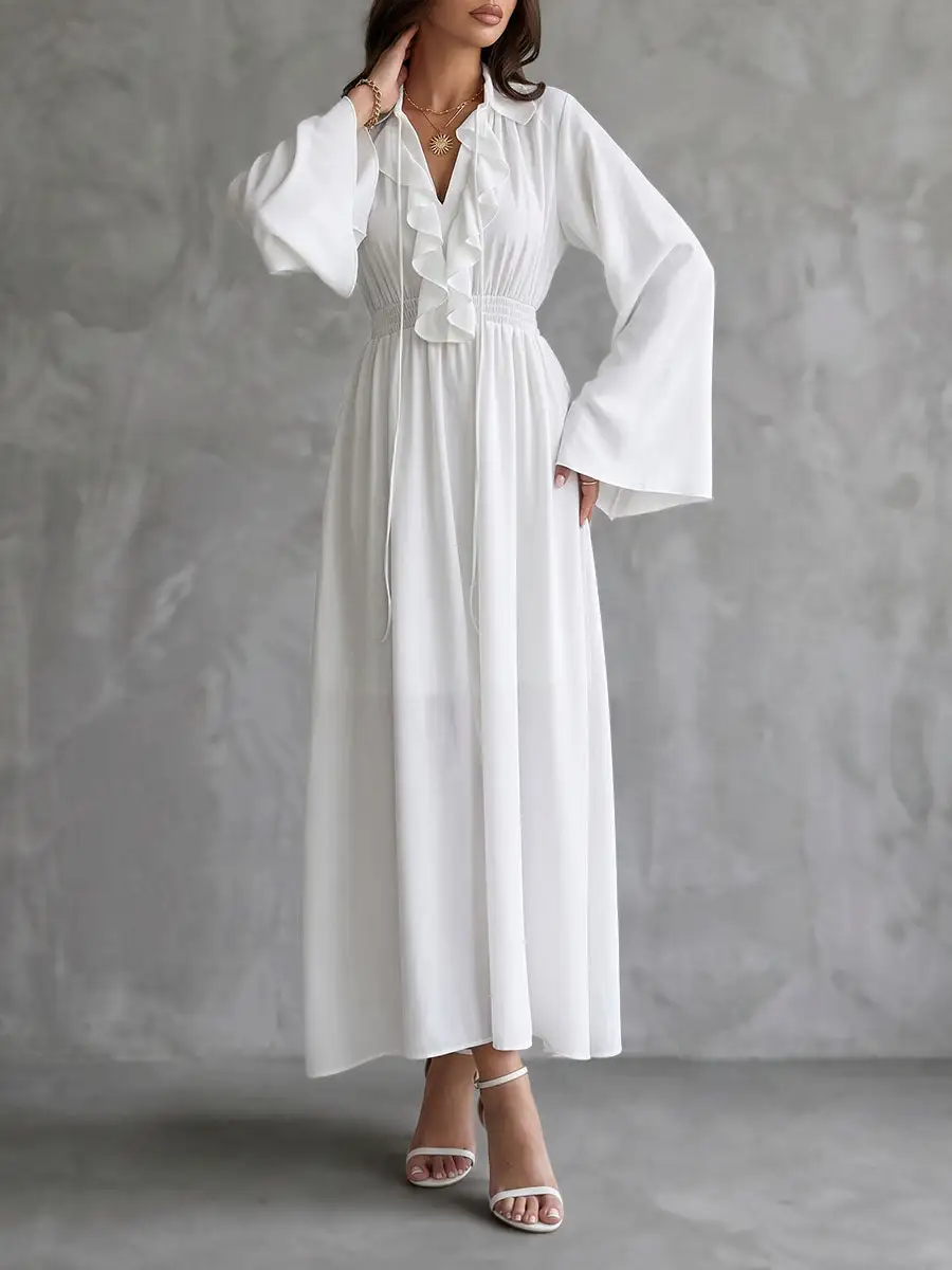 Pleated Ruffled Long Neck Maxi Dress
