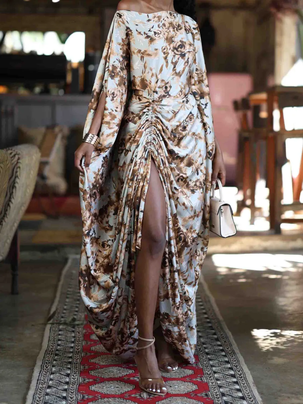 One Shoulder Floral Drapedd Maxi Dress