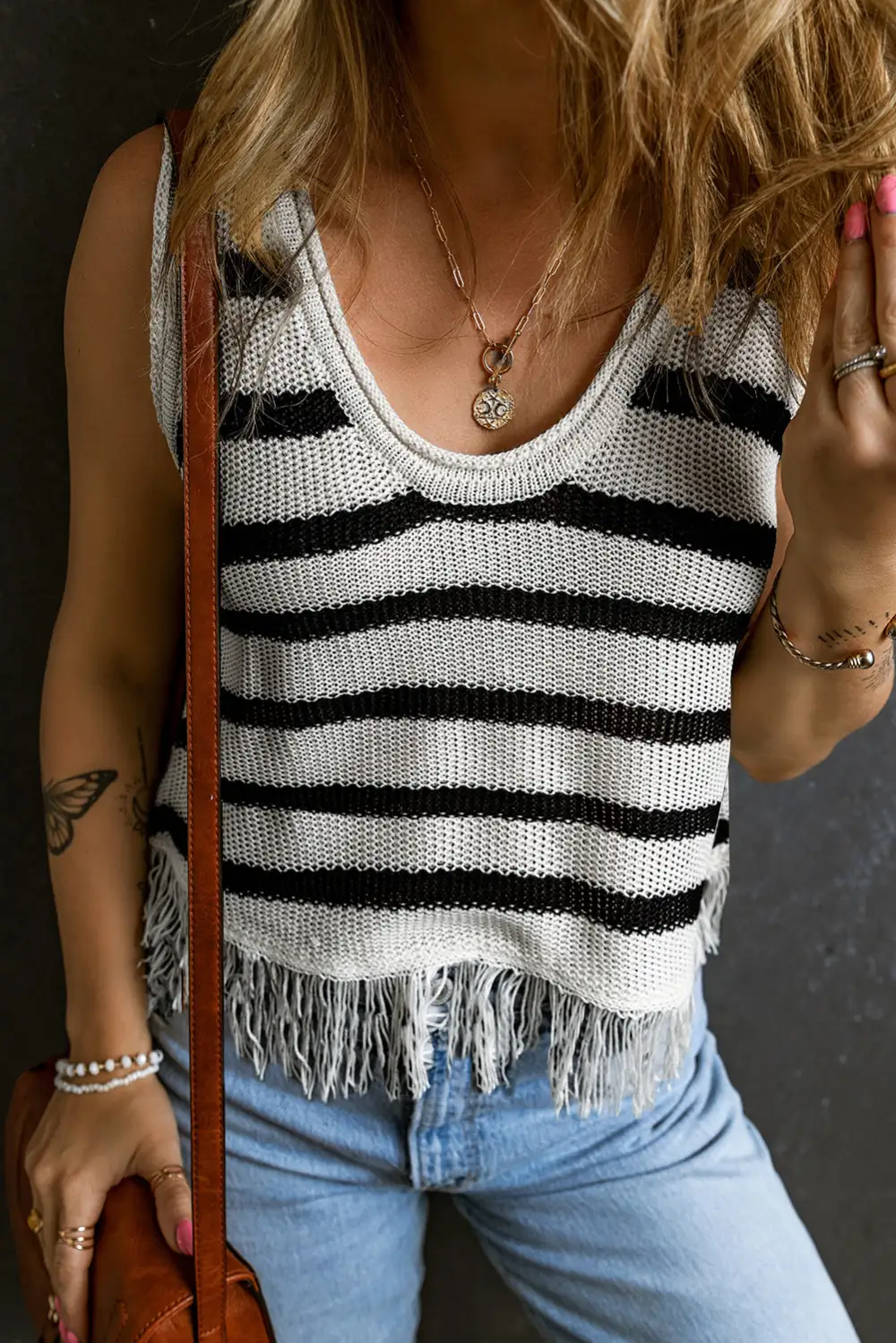 Scoop-Neck Relaxed Sweater-Knit Tassel Tank Top