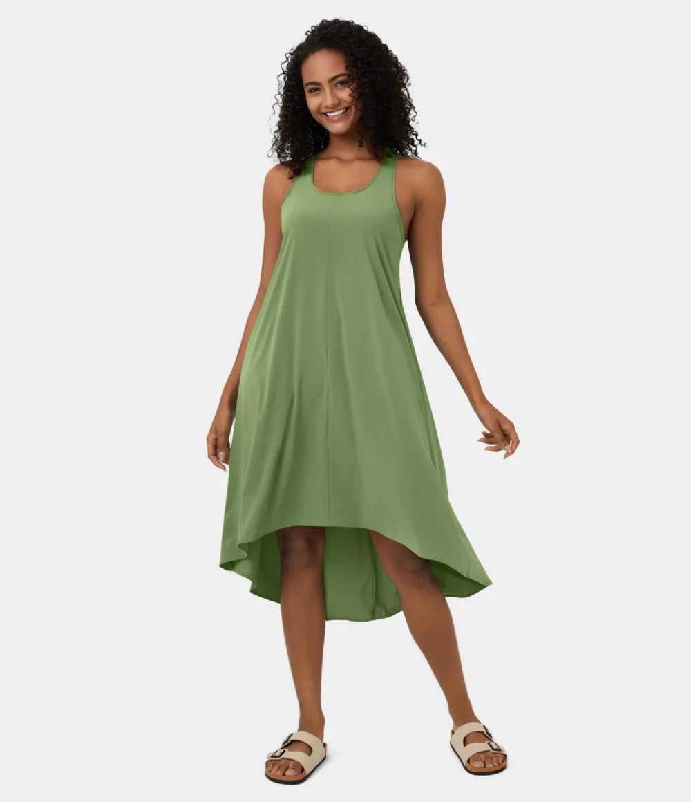 Breezeful Backless Racerback Side Pocket High Low Flowy Midi Quick Dry Casual Dress