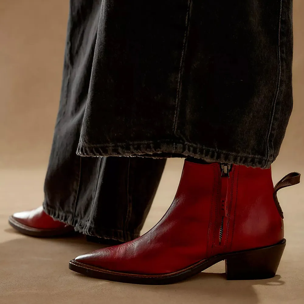 Faux-Leather Zip-Up Pointed-Toe Block-Heel Ankle Boots