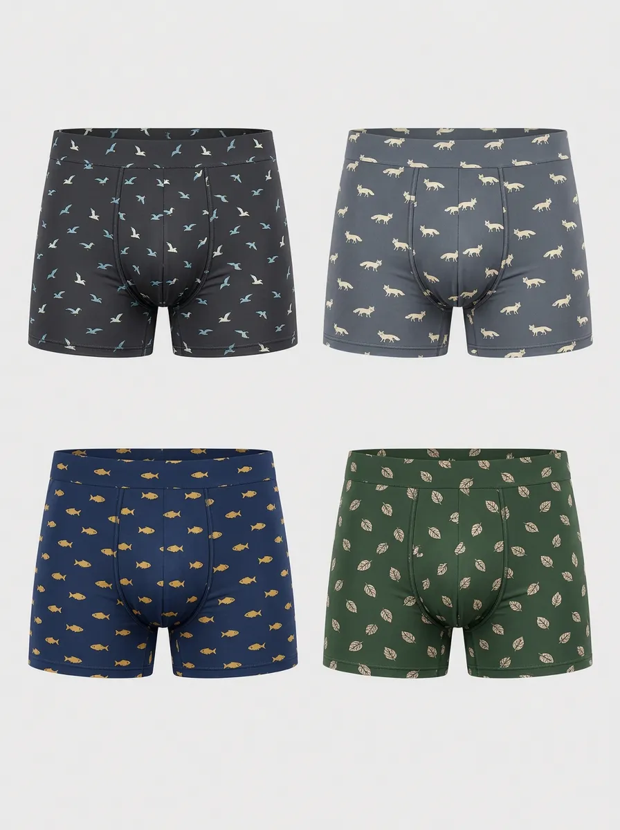 Men's Nature Animal Pattern Seagull Fox Fish Leaf Printed Boxer Briefs 4-Pack
