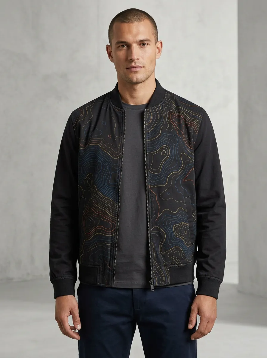 Men's Outdoor Explorer Topographic Map Printed Bomber Jacket