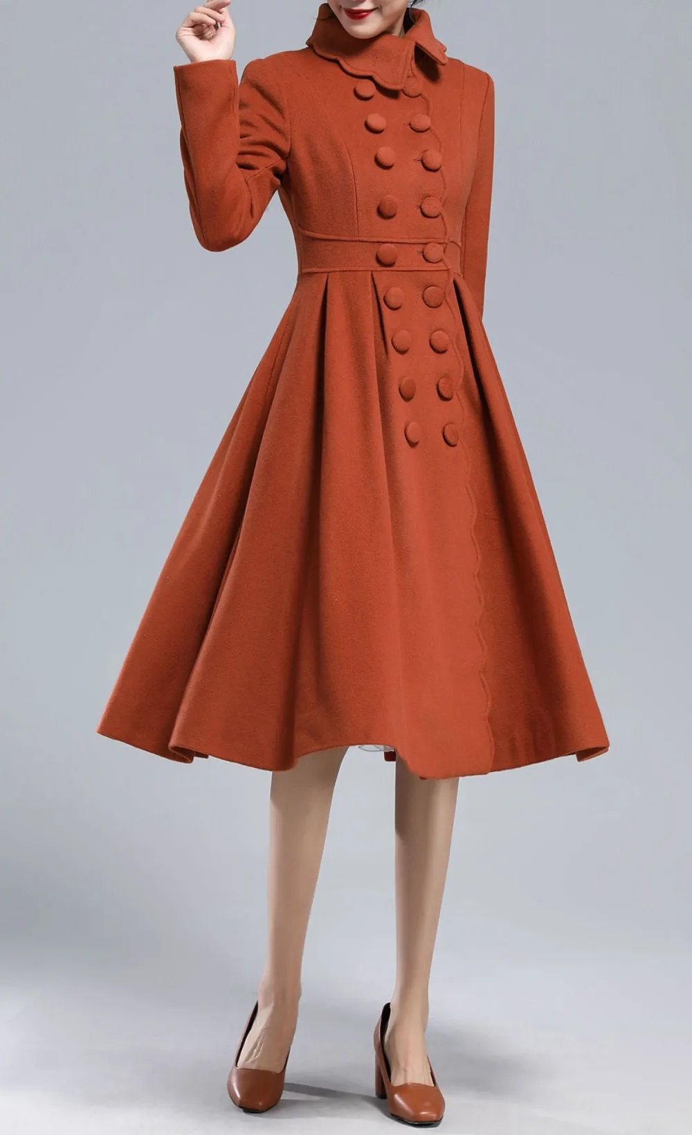 Classic Wool Blend Tailored Double Breasted Lapel Collar Pleated Long Coat