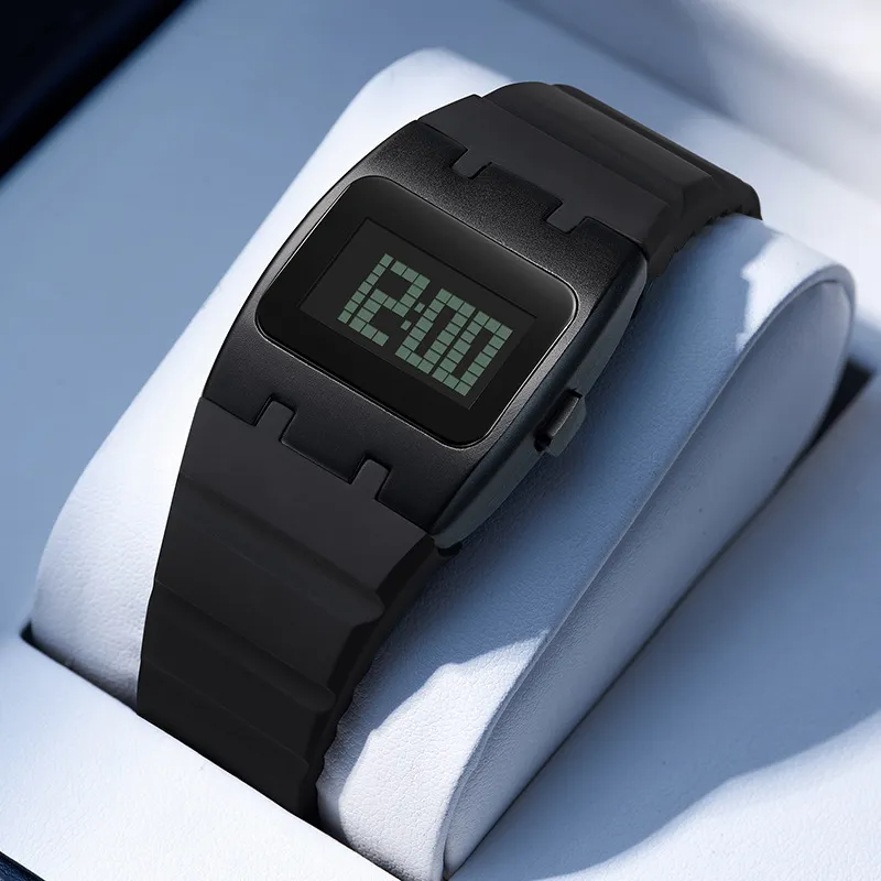 Minimalist Black Digital Watch with Retro Matrix Display