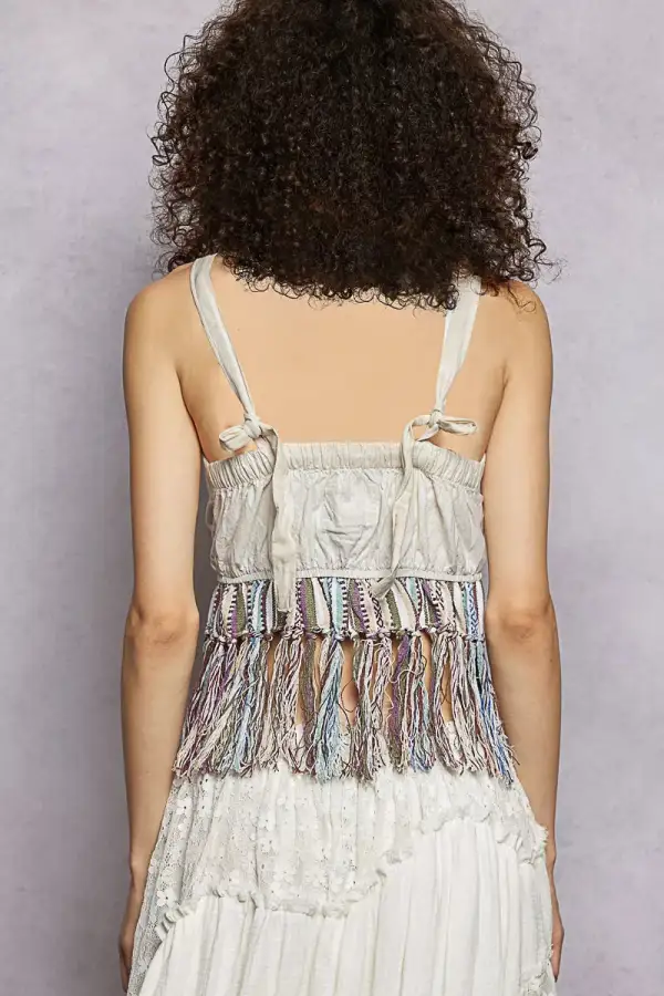 Lace Up Fringe Hem Tank With Lace
