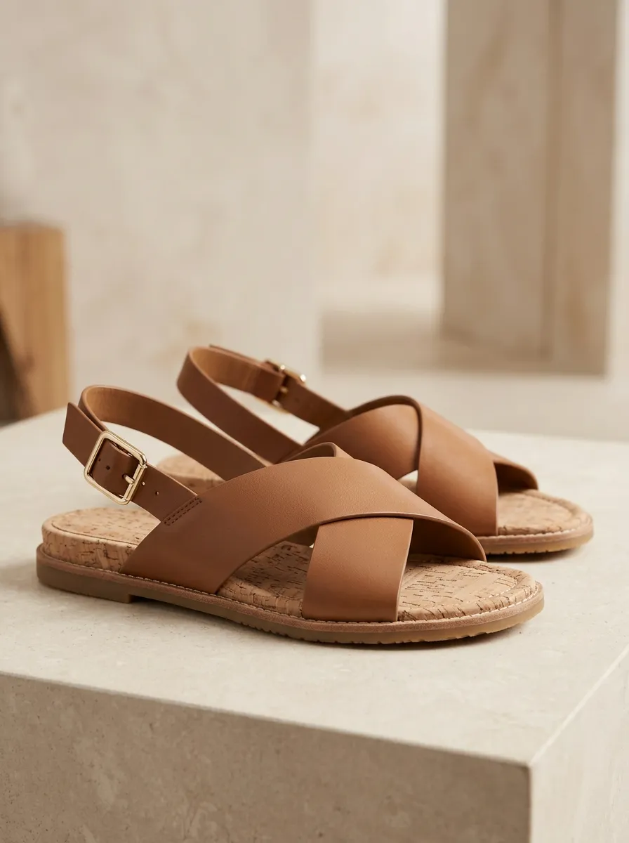 Women's Cross Strap Cork Detail Graphic Detail Flat Sandals