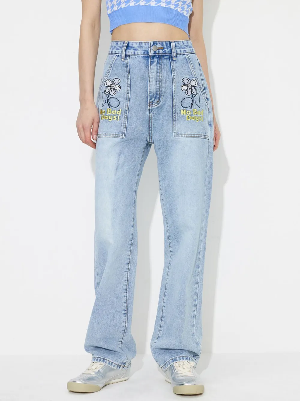 High-Rise Washed Pocketed Stretch Straight Leg Jeans