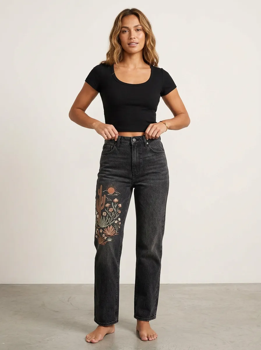 Women's Black Cactus Floral Embroidered High-Rise Straight Leg Jeans