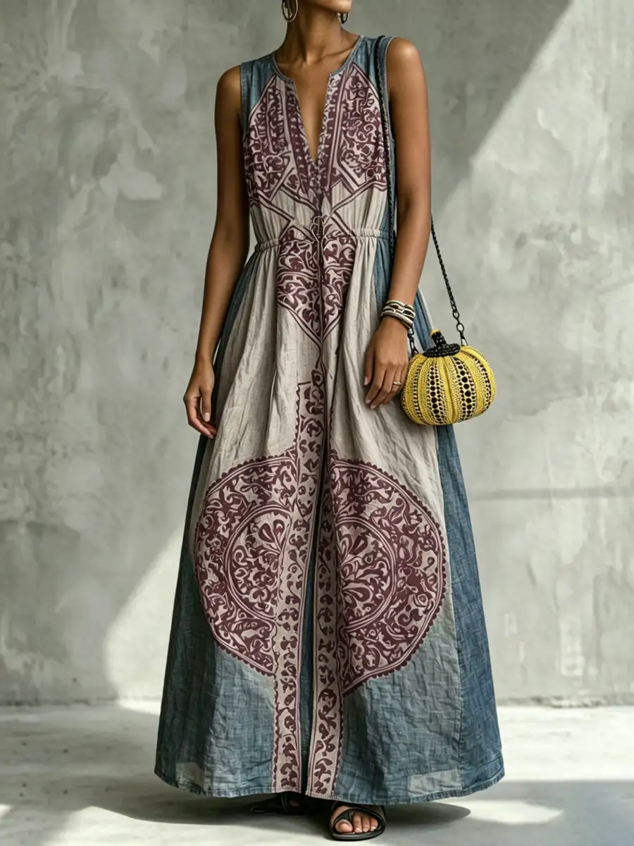 Pleated Sleeveless Neck Maxi Dress
