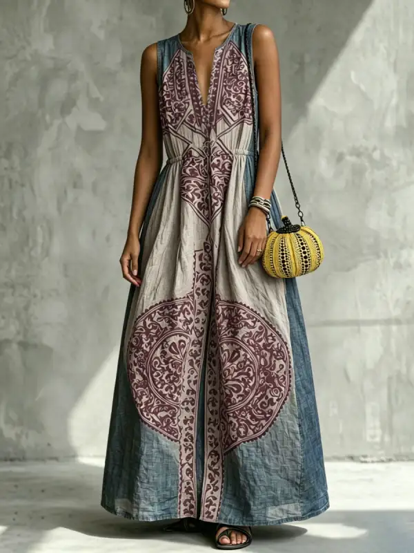 Pleated Sleeveless Neck Maxi Dress