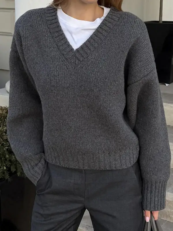 Ribbed V-Neck Long Sleeve Relaxed Fit Sweater