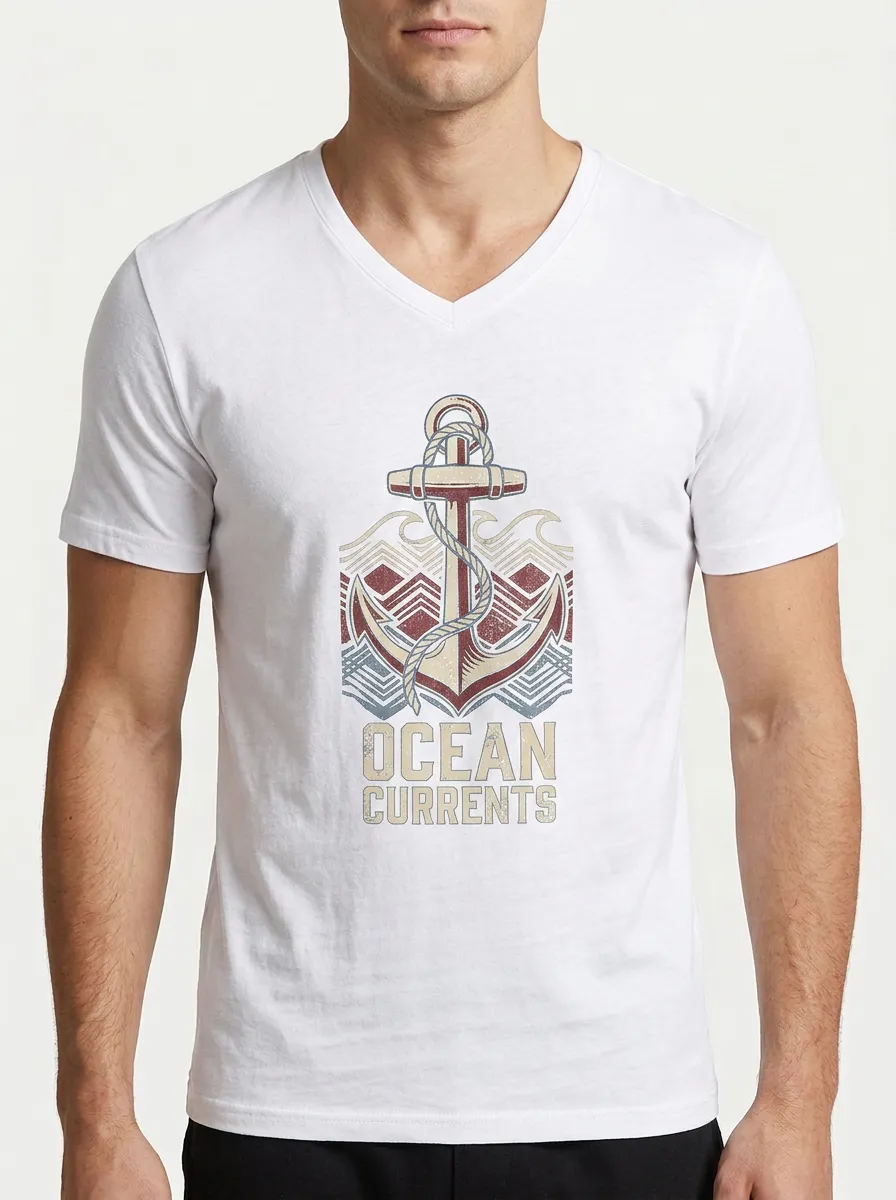 Men's Nautical Ocean Currents Anchor Printed V-Neck T-Shirt