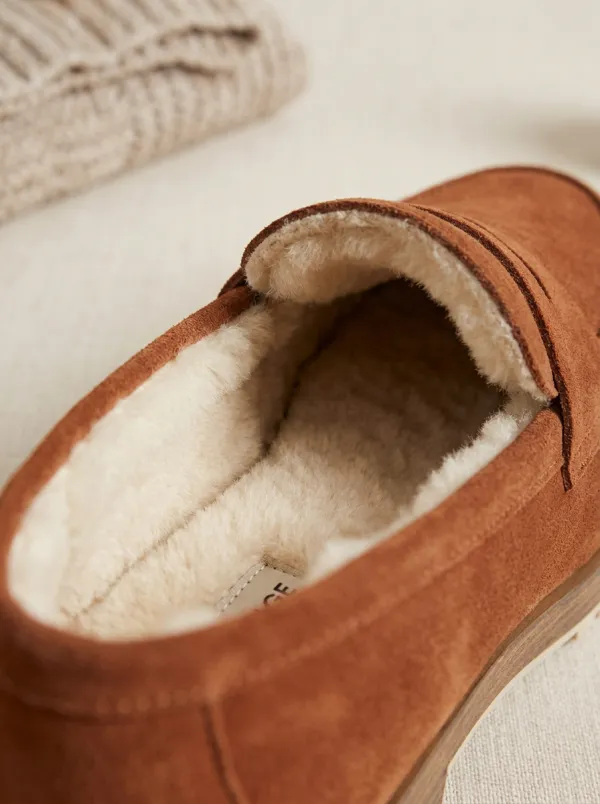 Women's Easygoing Faux Fur Lined Platform Suede Wood Sole Loafers
