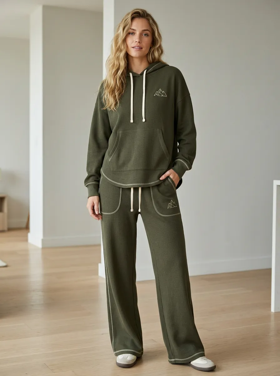 Women's Outdoor Adventure Mountain Printed Waffle Knit Hoodie Lounge Set