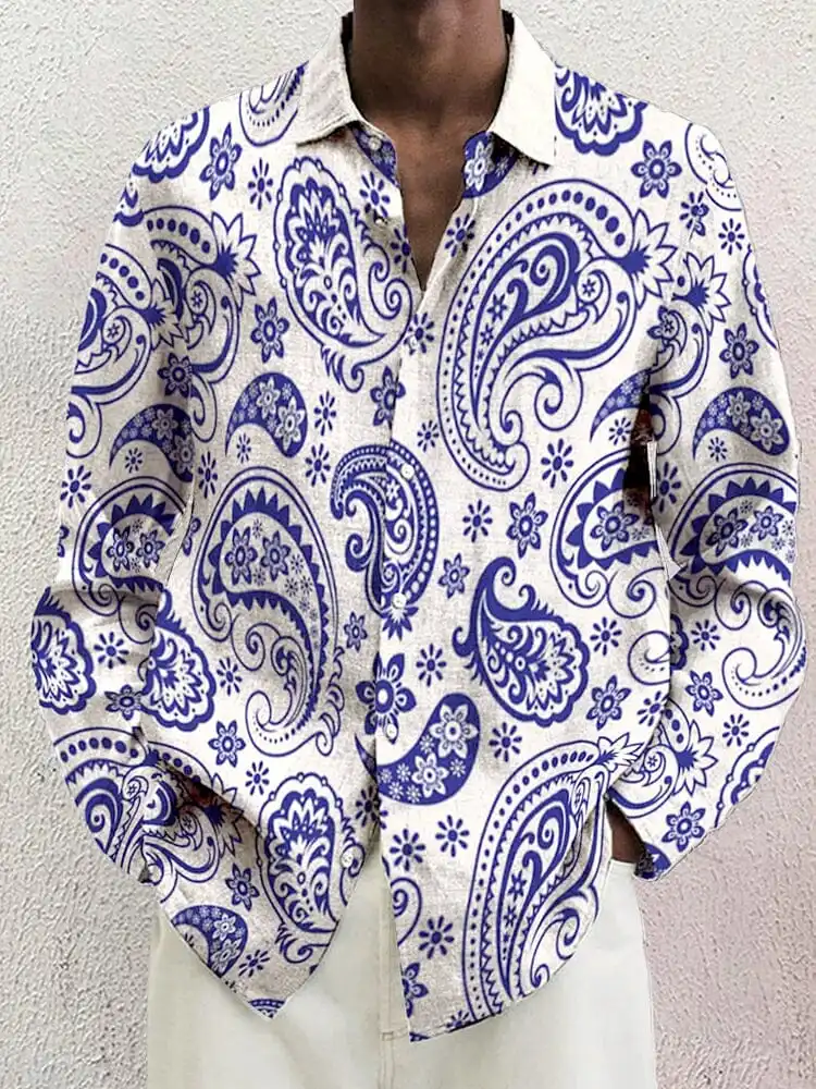 Open Collar Cotton Linen Printed Shirt