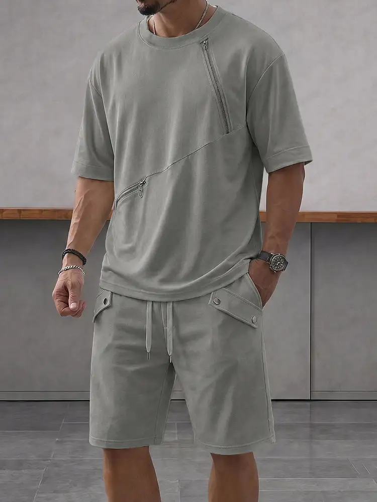 Athleisure Zipper Accent T-Shirt Shorts Set