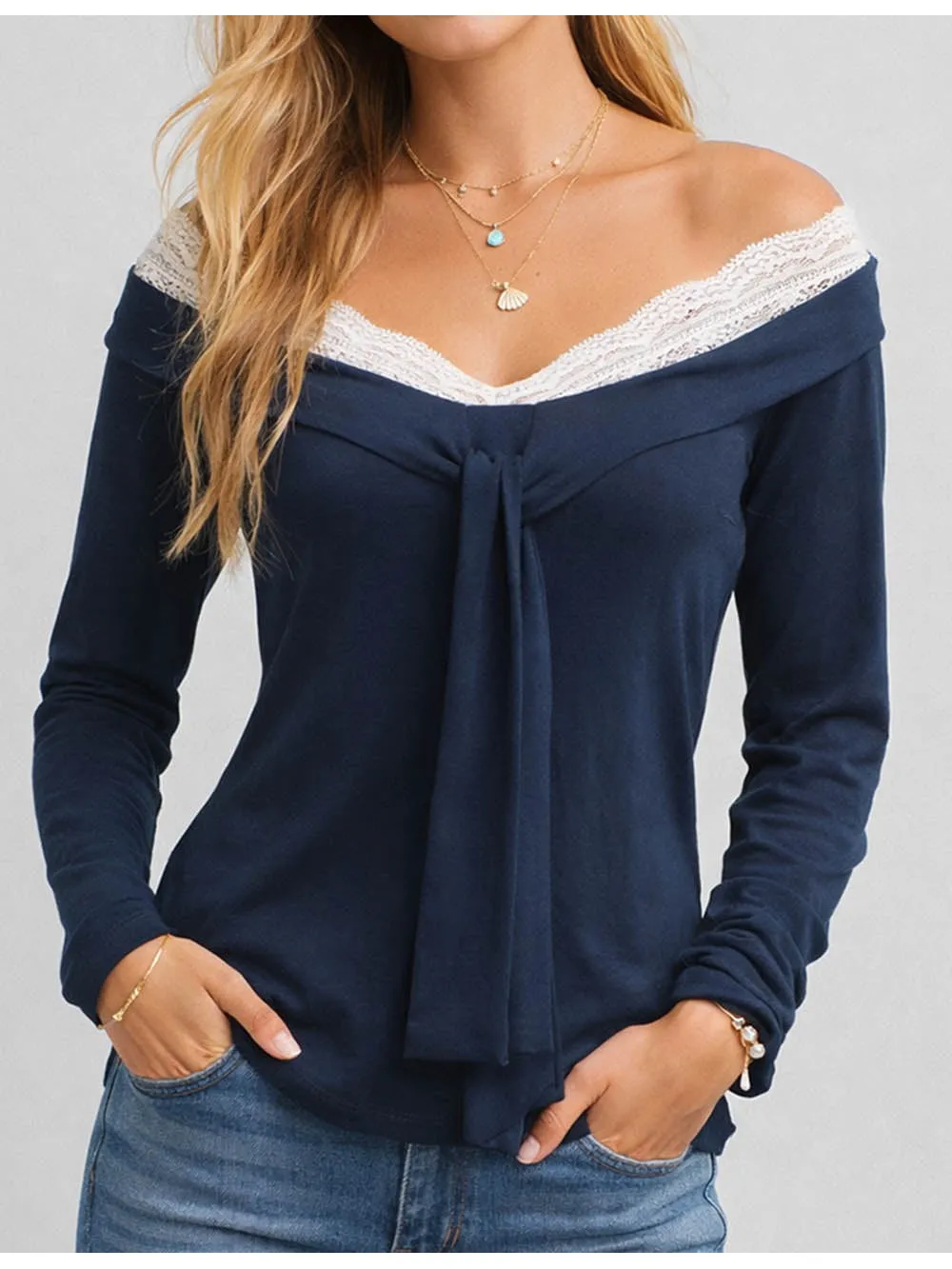 Lace Splice Off Shoulder Front Long Sleeves Top