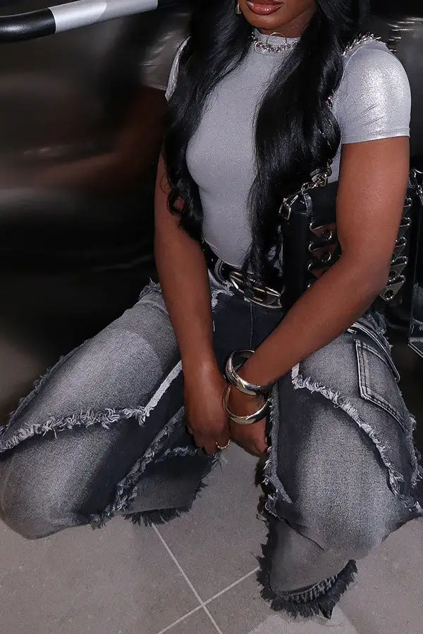 Grey High-Waist Tassel Jeans