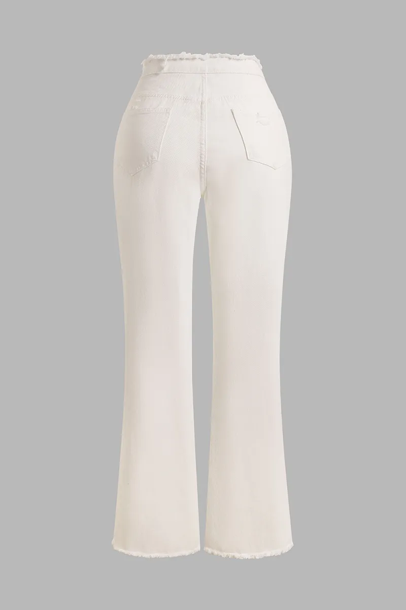 Mid Waist Ripped Raw Hem Flare Jeans