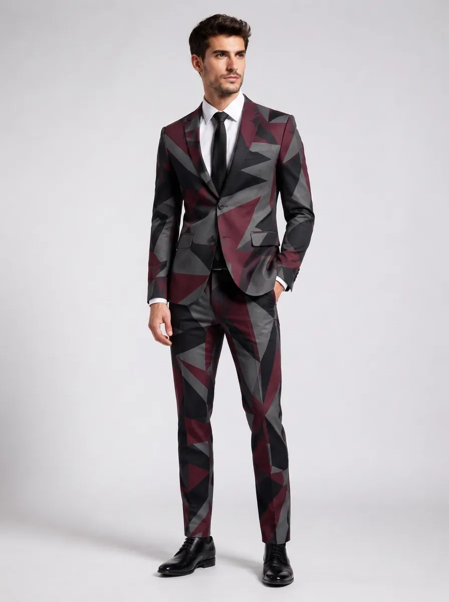 Men's Geometric Print Tailored Suit with All-Over geometric panel print across both jacket and trousers