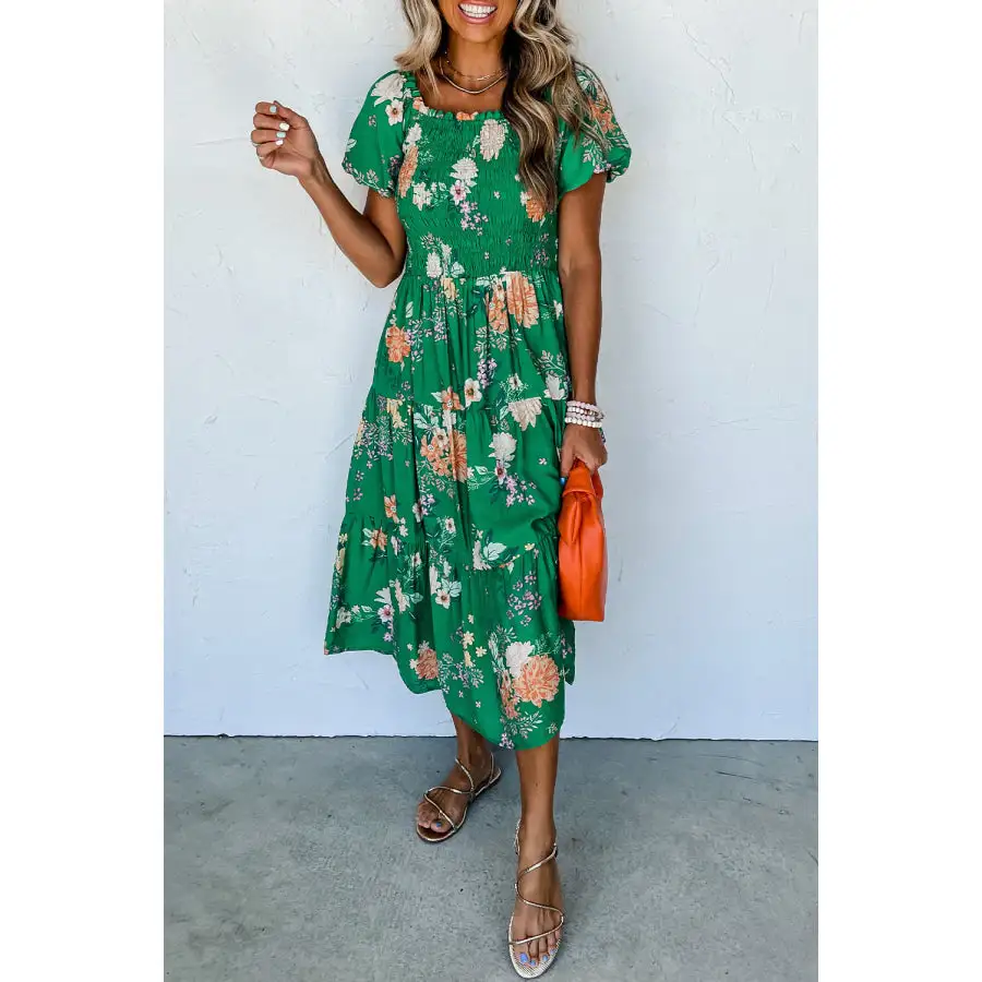 Print Bubble Sleeve Smocked Tiered Midi Dress