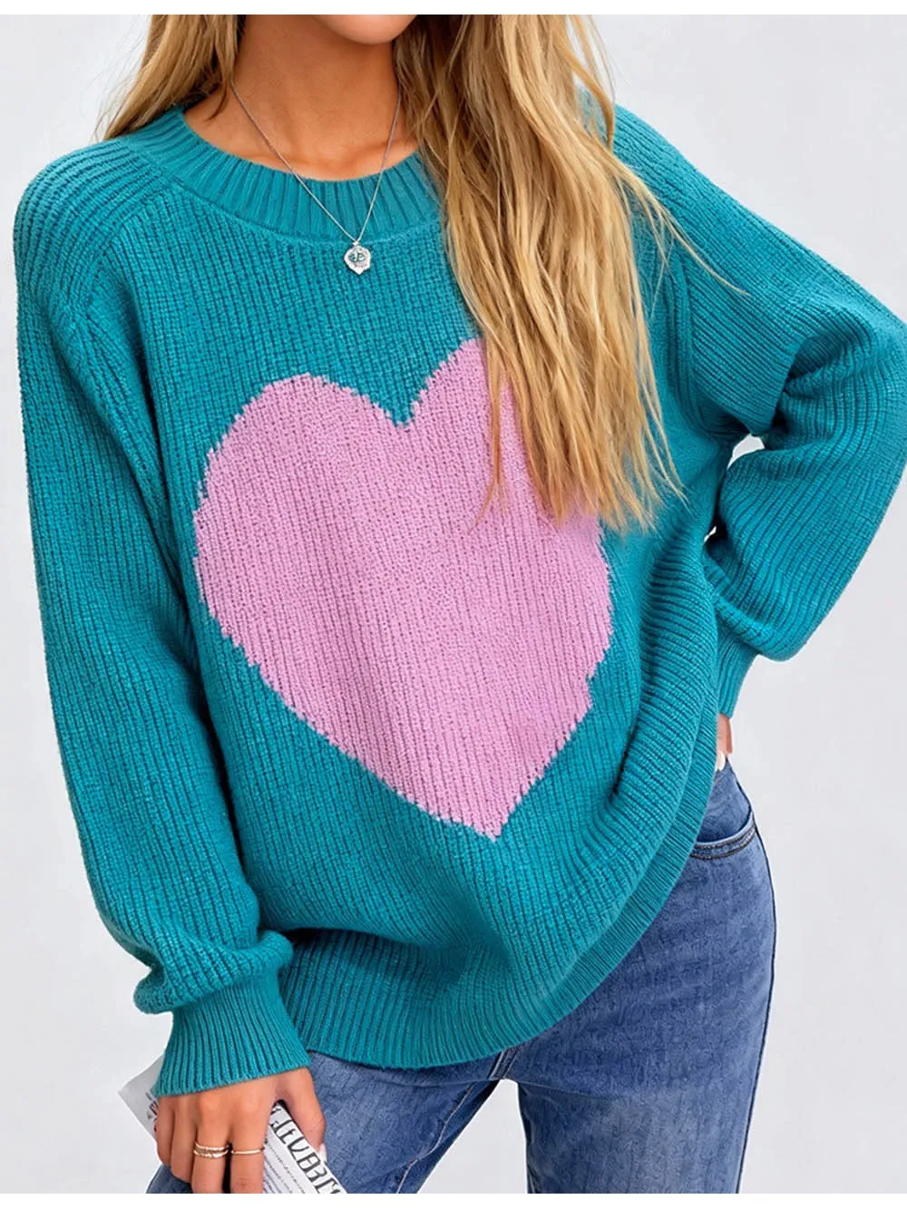 Valentine Heart Color Block Round Neck Sweater