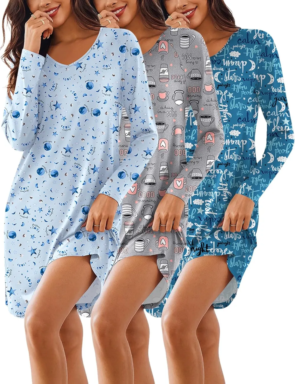 Ekouaer 3 Pack Long Sleeve Nightgowns for Women Casual Sleepwear Nightshirt