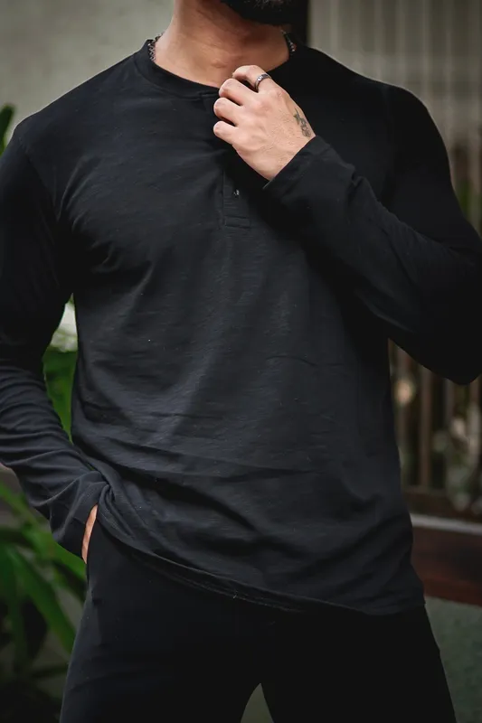 Black Henley Neck Long Sleeve Casual Top
