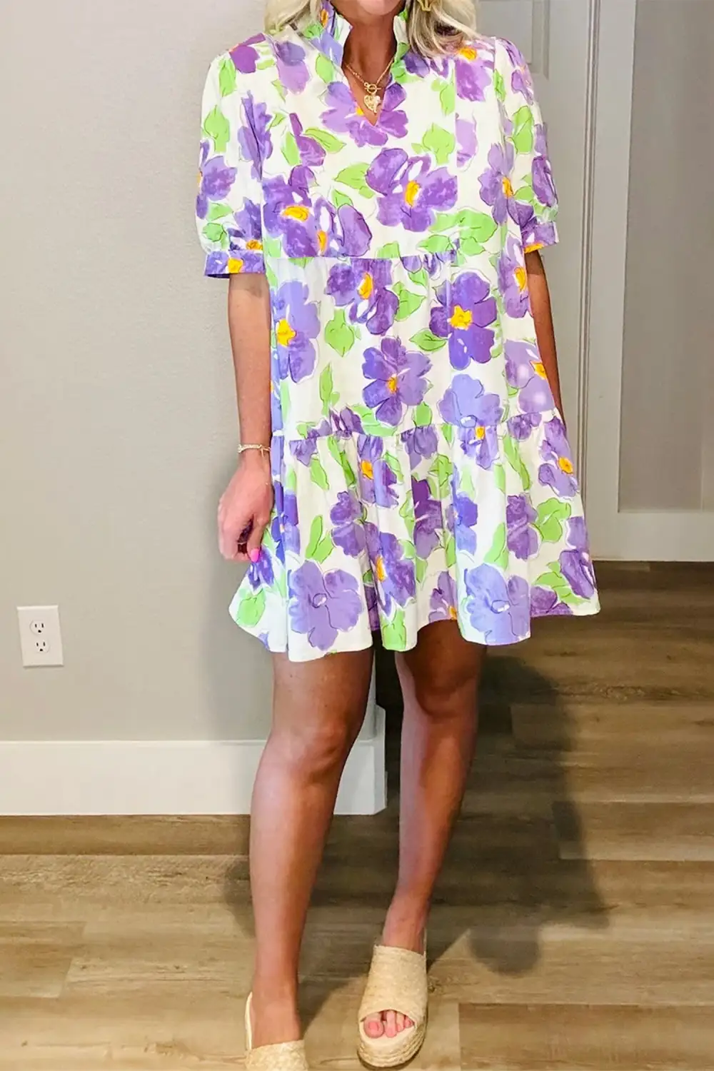 Floral V Collar Short Sleeve Tiered Ruffle Mini Dress