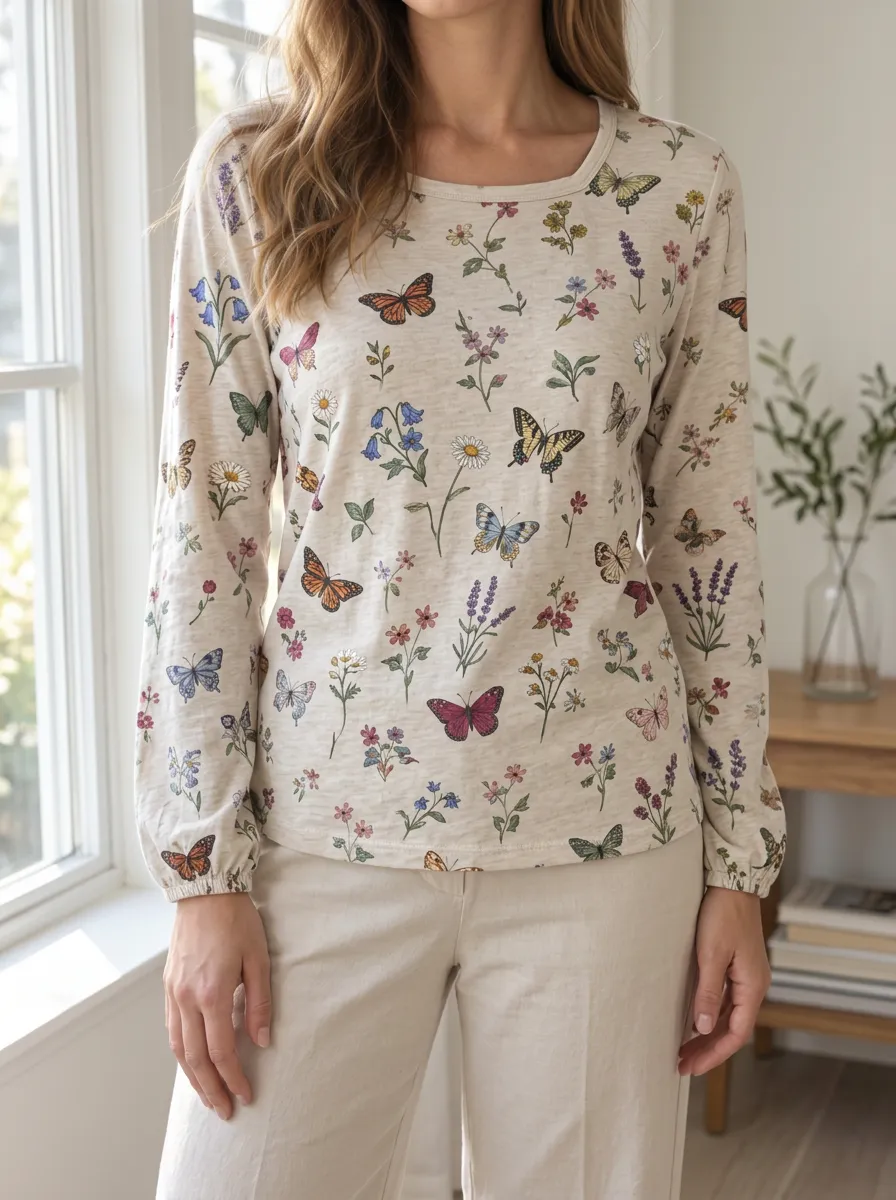 Women's Soft Everyday Sweet Style Butterfly and Wildflower Printed Long Sleeve T-shirt