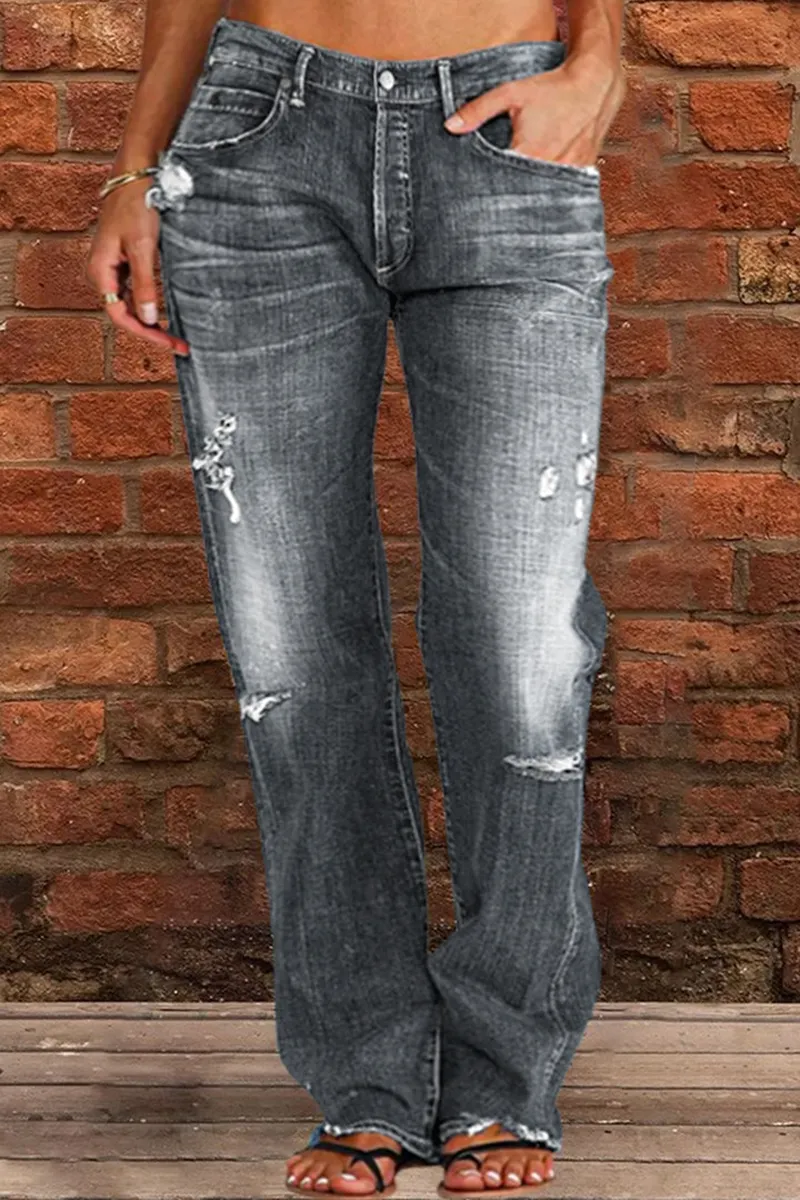 Ripped Low Waist Straight Leg Jeans