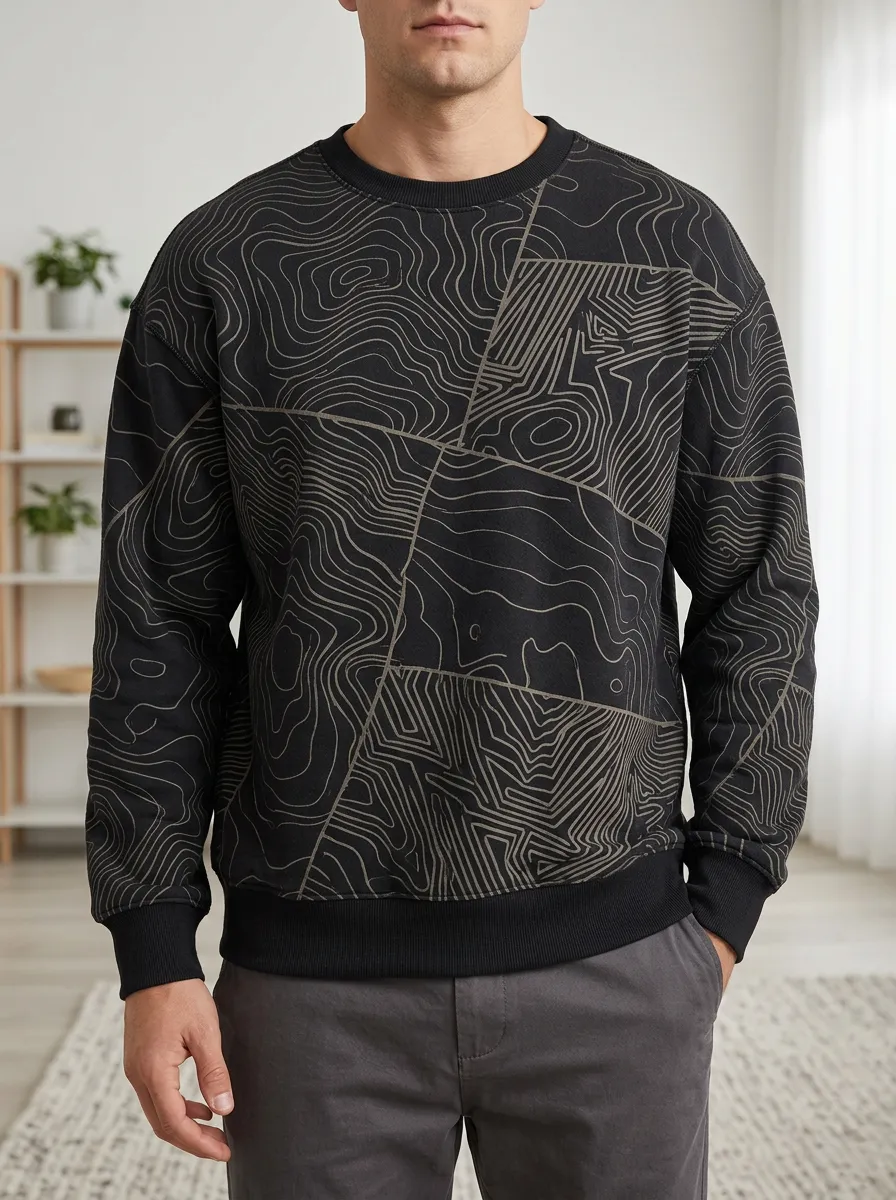 Men's Topographic Print Crewneck Sweatshirt Adventure