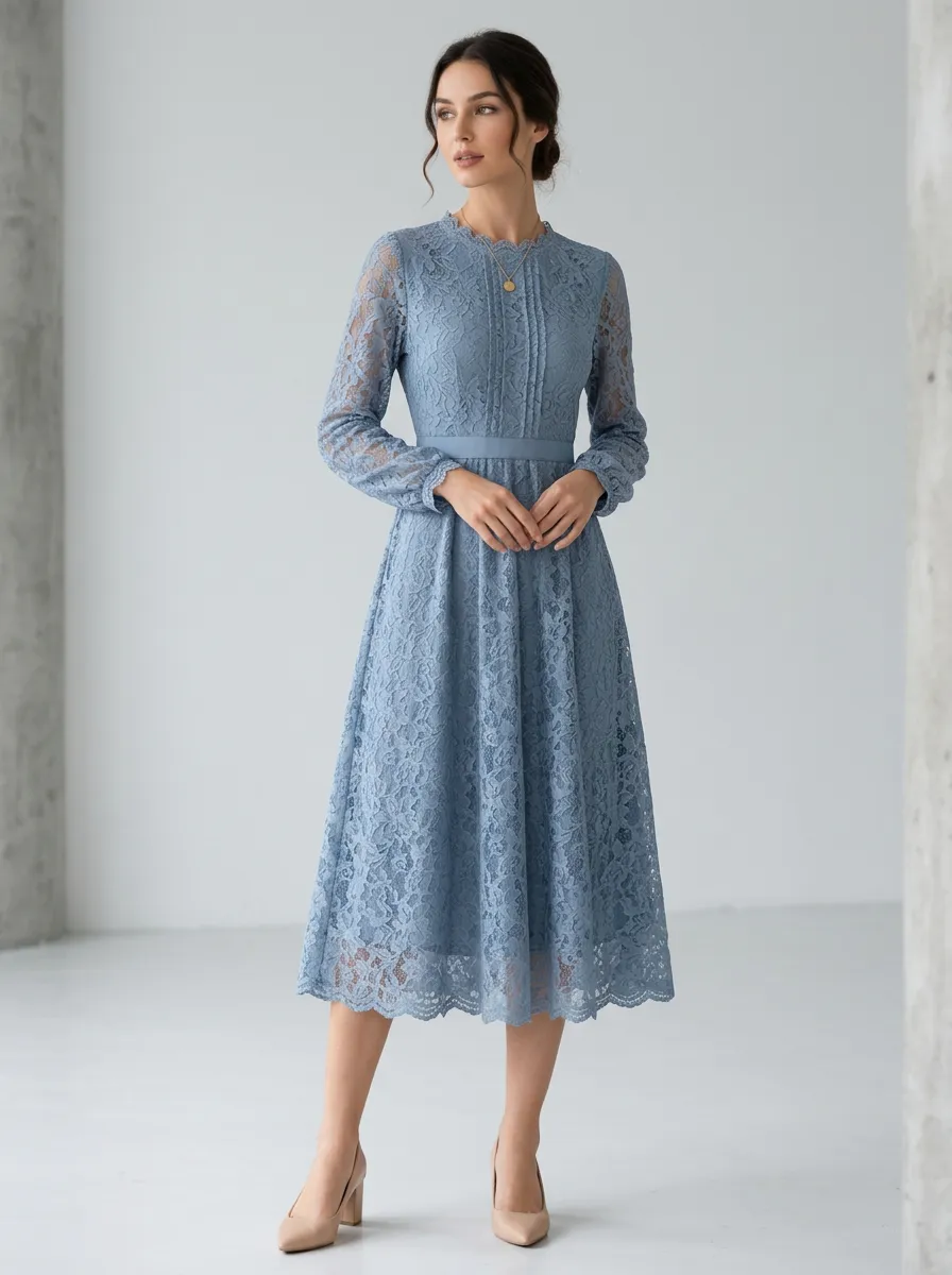 Women's Elegant Vintage Blue Floral Lace Long Sleeve Midi Dress