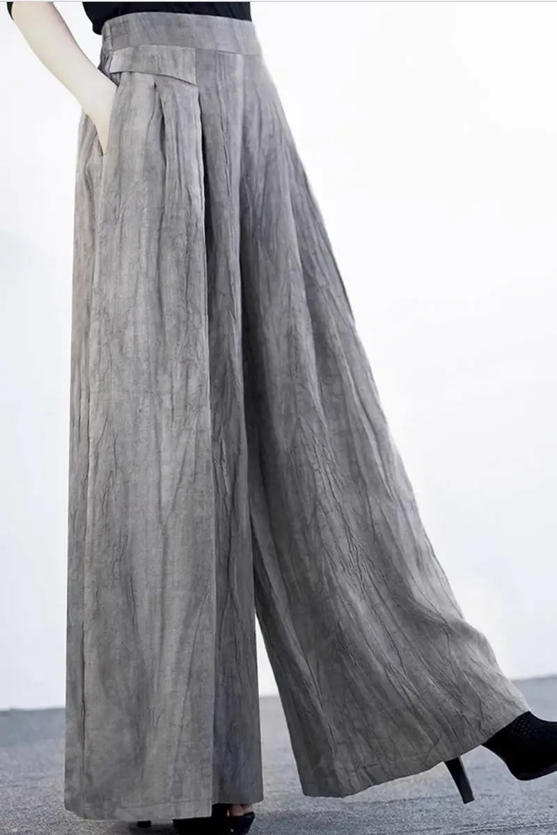 Linen Blend Wide Leg High Waist Pocketed Trousers