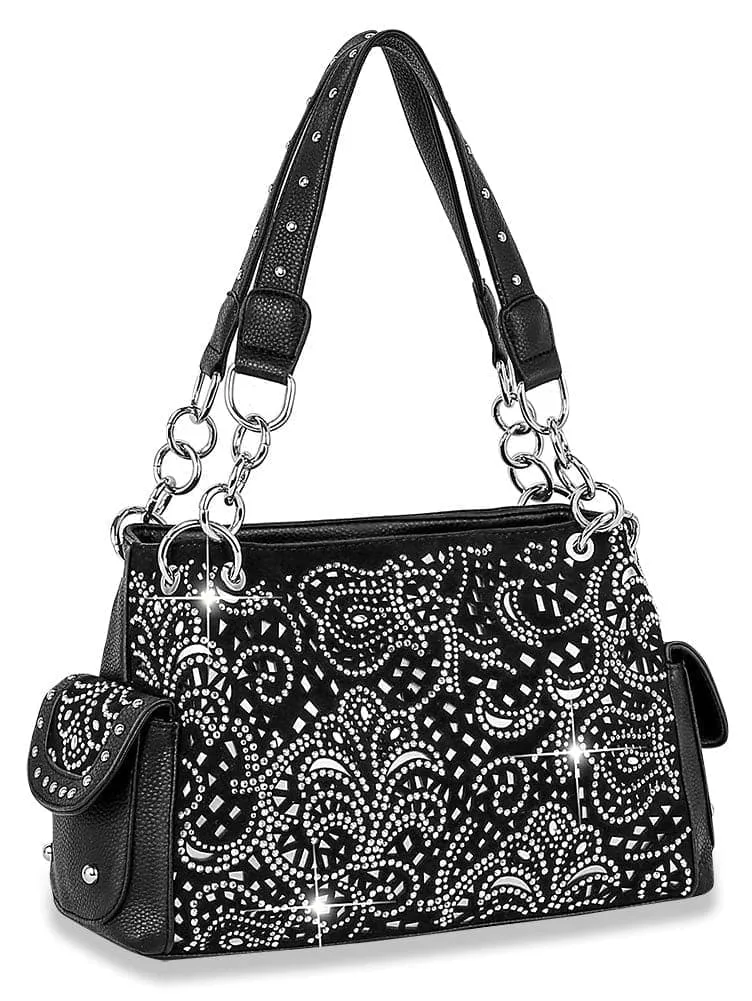 Modern Detail Studded Crystal Accent Pocketed Faux Leather Shoulder Bag