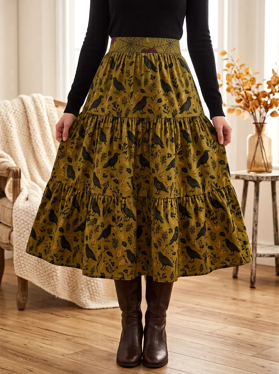 Women's Halloween Gothic Raven Floral Printed Tiered Midi Skirt
