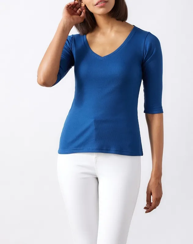 Cobalt Blue Ribbed V-Neck Tee