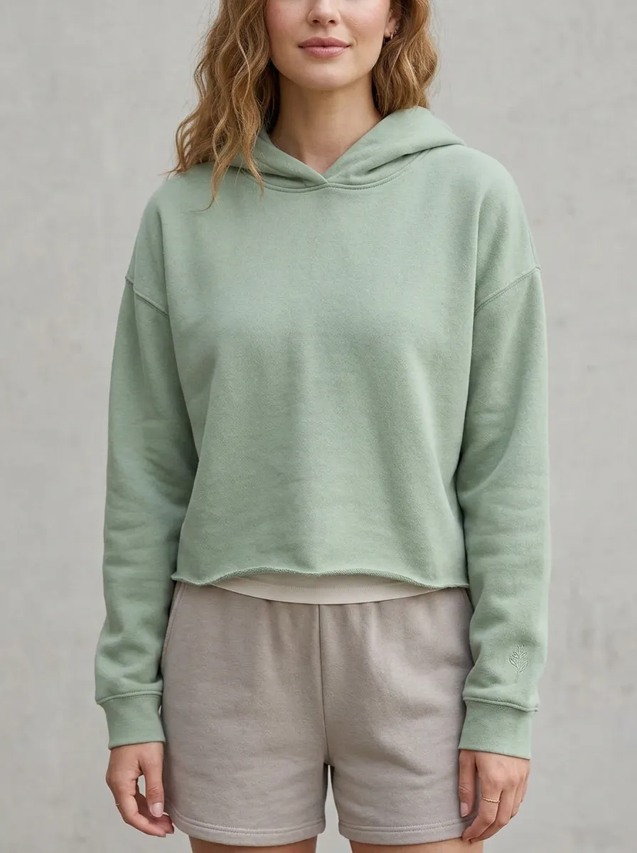 Women's Sage Green Minimalist Solid Color Raw Hem Cropped Hoodie