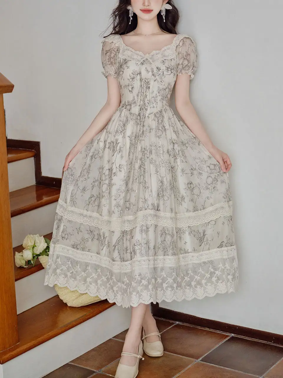 Lace Corset Crew Neck Long Dress
