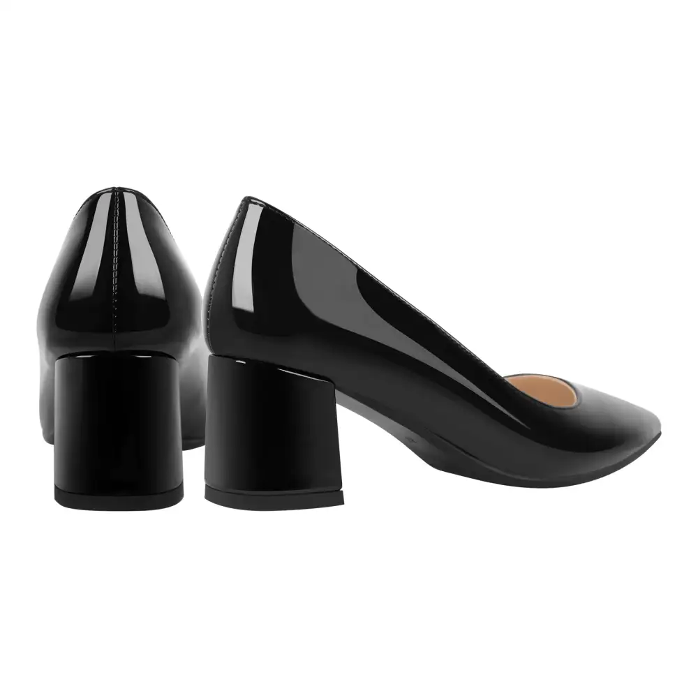 Patent Finish Pointed Toe Chunky Heel Slip On Pumps