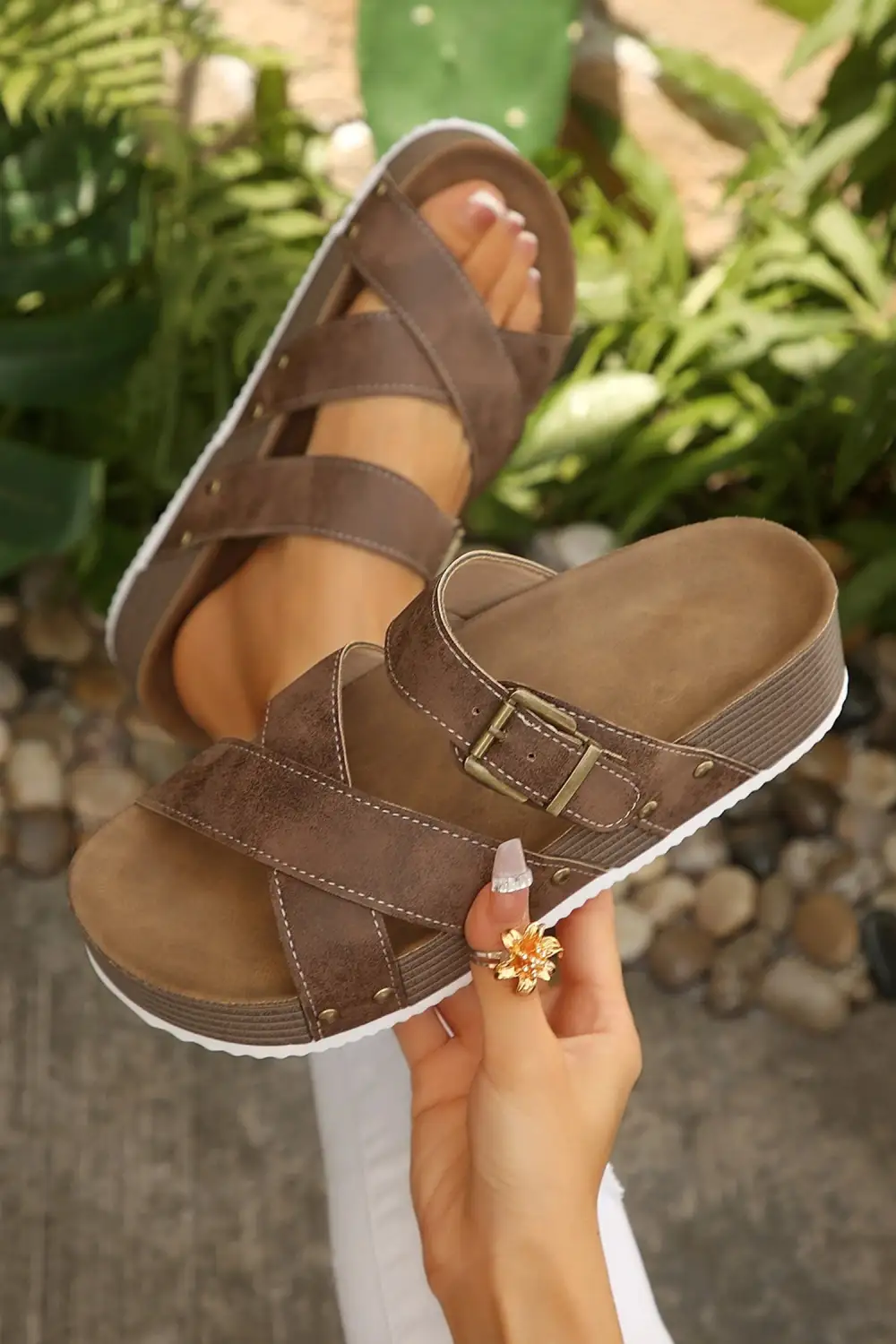 Faux Suede Leather Strappy Cutout Flat Sandals
