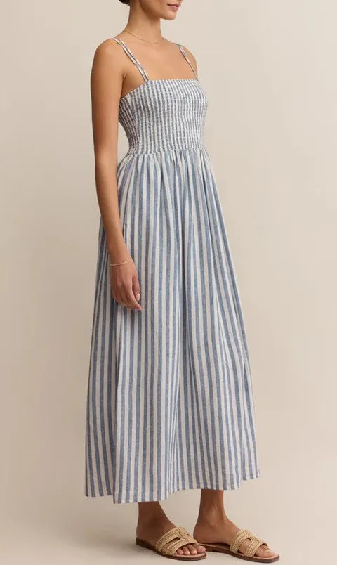 Women's Blue White Striped Smocked Midi Dress