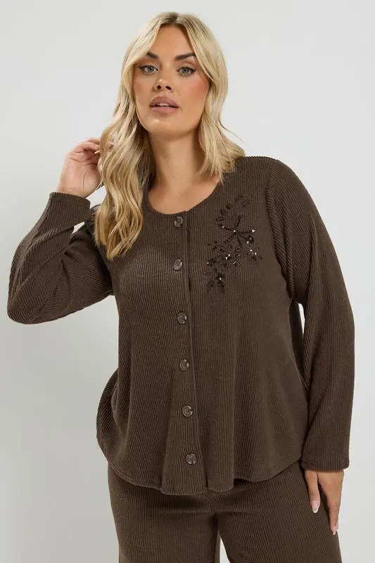 Chocolate Brown Soft Touch Embroidered Cardigan Set