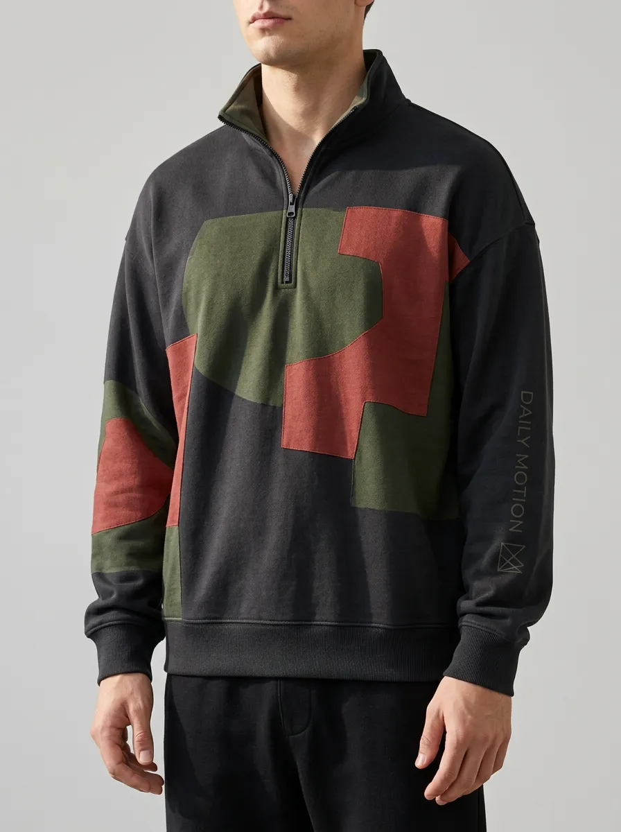 Outdoor-Inspired Half-Zip Geometric Colorblock Men's Half-Zip Sweatshirt
