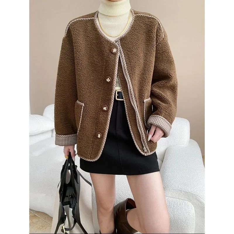 Plaid Patchwork Fleece Casual Outerwear Jacket