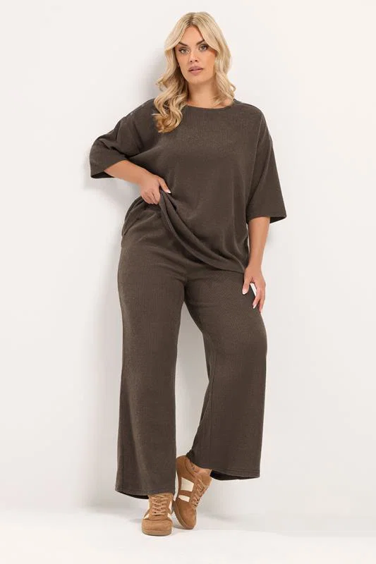 Chocolate Brown Ribbed Wide Leg Trousers detail 2