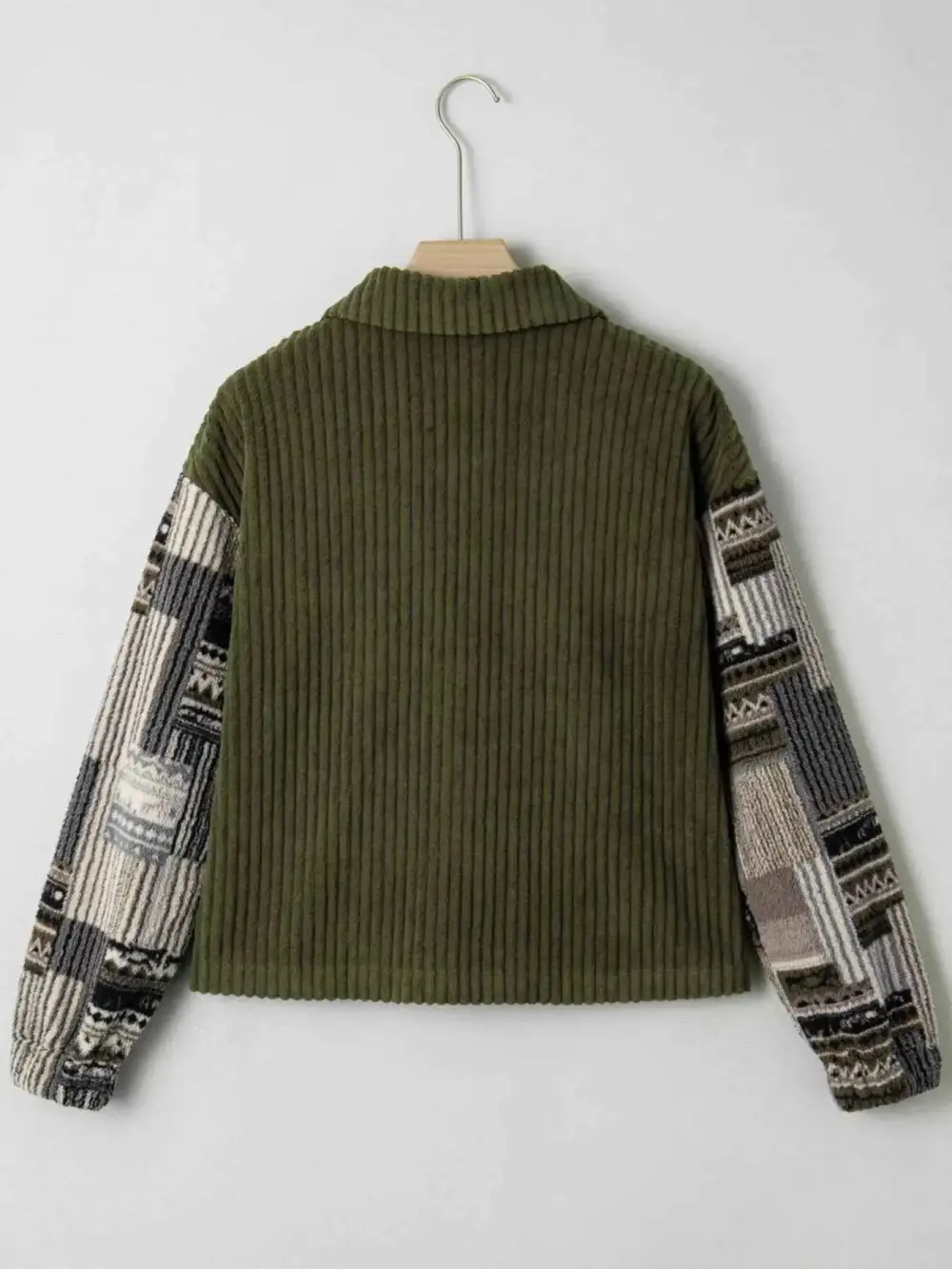 Ribbed Fleece Plaid Printed Patchwork Button-Up Jacket