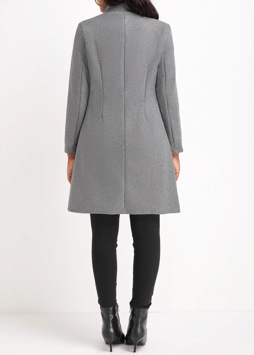 Grey Button Long Sleeve Lapel Coat